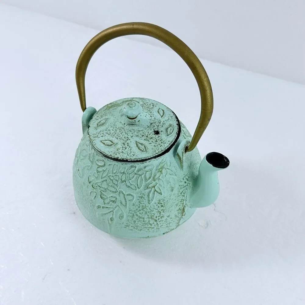 Vintage Japanese Cast Iron Teapot Green Embossed Leaf Design W/ Lid & Handle